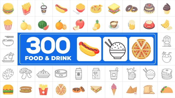 【AE模板】300个创意餐饮美食果蔬饮料图标图形动画 Icons Pack Food & Drinks
