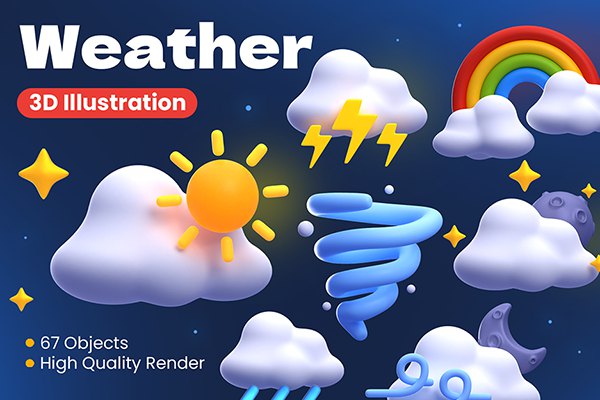 【图片素材】67个三维渲染天气预报趣味图标OBJ/GLB/PNG设计素材 Weather 3D Illustrations