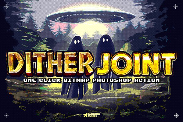 【PS动作】经典复古8Bit游戏杂志印刷CRT显示像素化效果PS动作 Dither Joint Effect Action