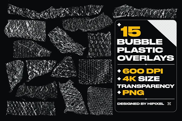 【PNG素材】15张透明塑料薄膜气泡防震膜扭曲褶皱纹理叠加图片素材 15 Bubble Plastic Torn Overlay Textures