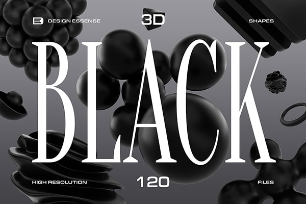 【PNG素材】120款黑色3D立体抽象扭曲不规则几何图形PNG创意素材 3D Black Shapes Collection