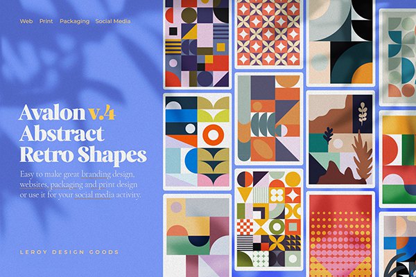 【矢量素材】16款孟菲斯复古极简主义抽象几何图形艺术海报图案背景Ai矢量素材 AVALON Retro Abstract Shapes ver 4