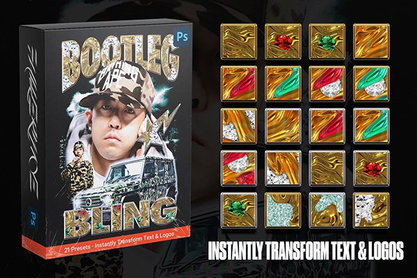 【PS样式】20种复古90年代游戏海报传单广告设计文本图层样式 Bootleg Bling Text Styles Pack Vol 2