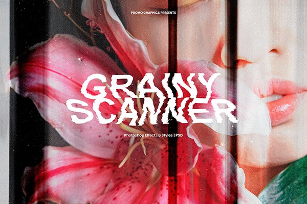 【PSD模板】印刷扫描扭曲故障噪点灰尘线条纹理复古图文特效PSD模板 Grainy Scanner Photoshop Effect