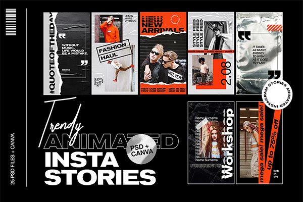 【PSD模板】25款潮流复古新媒体INS竖屏时尚撕纸胶带全息锡箔纸元素PSD故事动画模板 Trendy Animated IG Stories Ps, Canva