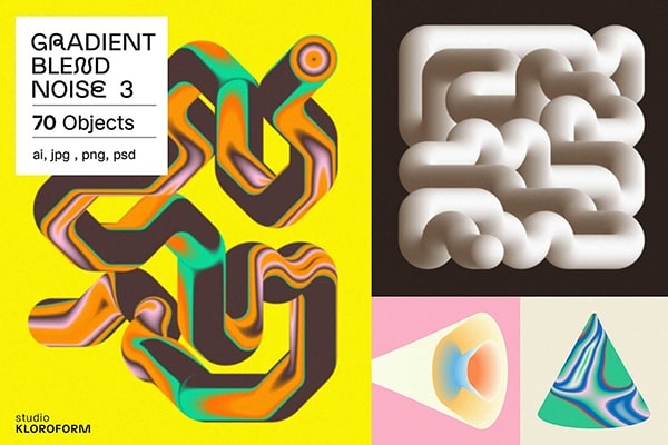 【图片素材】70款潮流创意怪诞抽象迷幻渐变立体几何图形艺术海报设计ai素材 Gradient Blend Noise 3