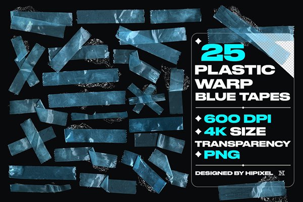 【PNG素材】25款使用中蓝色扭曲透明塑料胶带贴纸PNG素材 25 Plastic Warp Blue Tapes