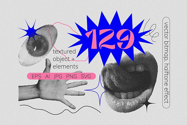 【矢量素材】129款艺术潮流复古嘻哈半调像素电音专辑封面海报背景底纹Ai矢量素材 129 Vector Halftone Bitmap Shapes