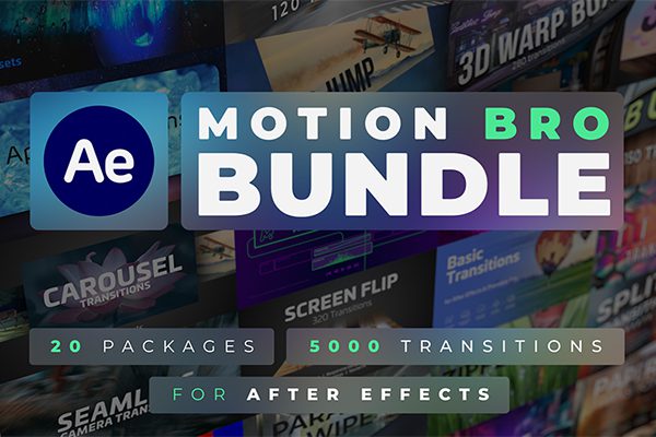 【AE脚本】5000种摄像机缩放旋转平移弹跳视频无缝转场预设包 + 音效素材 Motion Bro Bundle