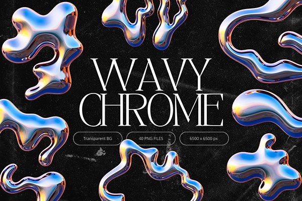 【PNG素材】40款3D波浪液体金属镀铬纹理字母数字PNG图片素材 3D Wavy Chrome Alphabet