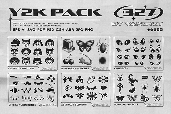 【矢量素材】327款复古半调像素风Y2K卡通趣味抽象几何图标AI插画矢量设计素材 Y2K 327 Characters Halftones Shapes