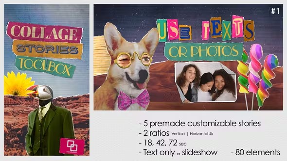 【AE模板】80个创意抽象拼贴元素叠加组合动画 Collage Stories Toolbox