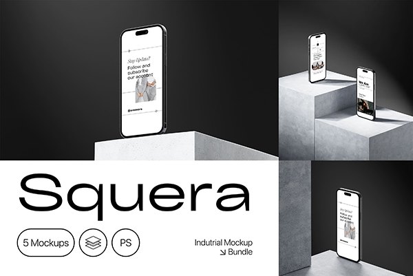 【PS样机】极简抽象场景3D手机APP设计UI贴图展示PS样机 Squera – Minimal iPhone Mockup