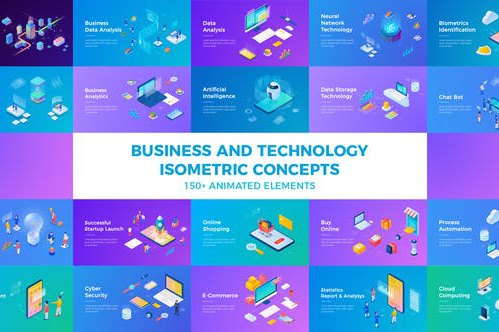 【AE模板】150种商务技术网站三维等距慨念图形动画 Business and Technology Isometric Concepts