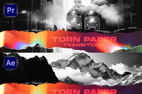 【AE/PR模板】15种创意纸张撕裂转场过渡预设 Torn Paper Transitions Vol.2