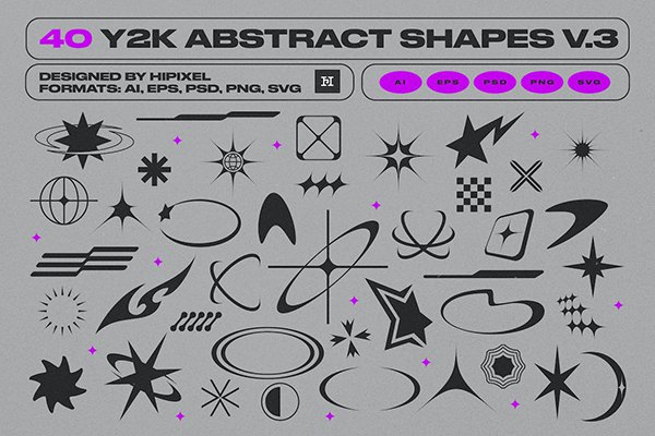【矢量素材】40款复古赛博朋克Y2K抽象科幻宇宙元素几何图形矢量素材 Y2K Abstract Retro Shapes v.3