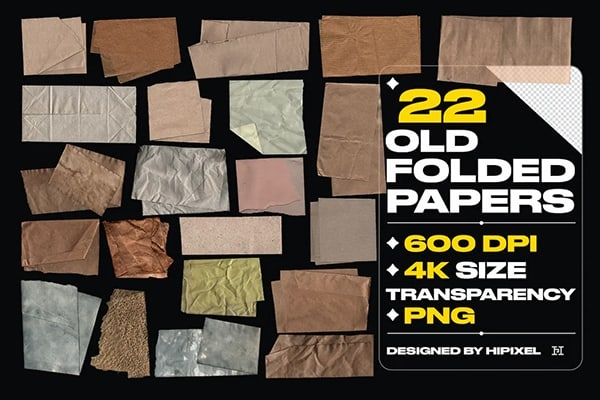 【PNG素材】22张牛皮纸撕裂褶皱折痕纹理照片合成PNG素材 Old Folded Papers