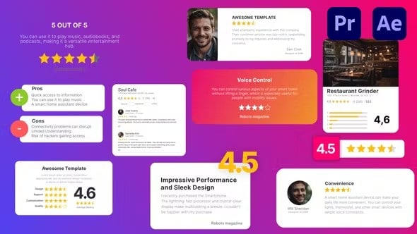 【AE/PR模板】10个商家客户服务评级打分评价动画 Review Mockups