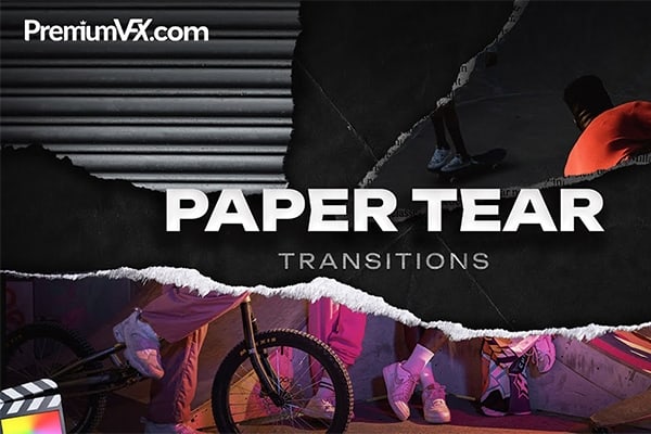 【FCPX插件】50种纸张撕裂纹理拼贴转场过渡转场动画 PremiumVFX –  Paper Tear Transitions