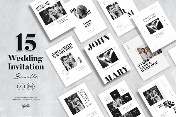 【PSD模板】15套简约干净婚礼邀请函卡片设计PS/AI模板 15 Wedding Invitation Bundle