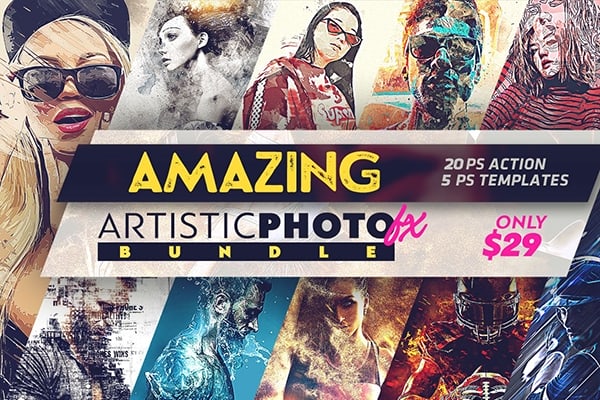 【PS动作】20套粒子火焰背景爆炸玻璃炸裂故障复古垃圾水彩飞溅混合特效PS动作合集 Amazing Artistic Photo Fx