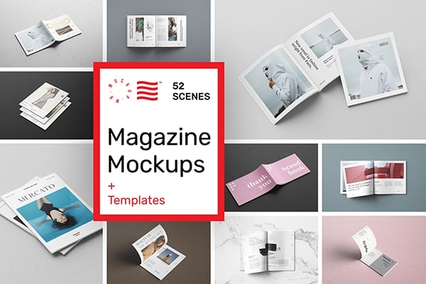 【PS样机】52款书本杂志图书手册装订效果展示PS模型样机 Magazine Mockups – 52 Scenes
