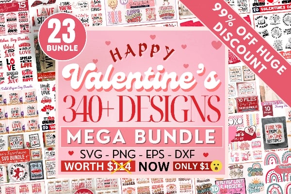 【矢量素材】23套340+情人节艺术设计矢量花字图案徽标形状元素创意素材 Valentines Day Mega SVG Bundle