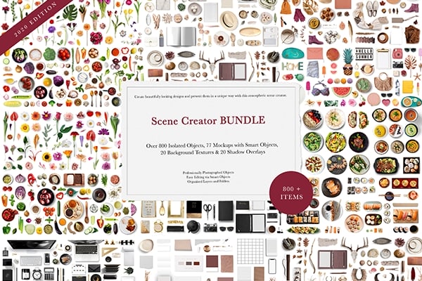【PS样机】77款大气生活美食食材果蔬花卉电器预制模型场景PS样机 Scene Creator MEGA BUNDLE 2020