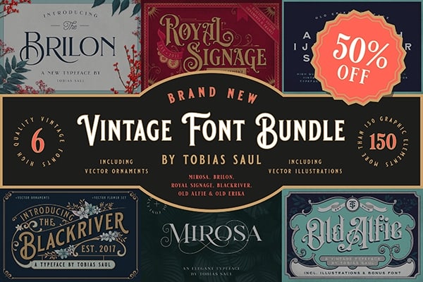 【字体】6套华丽优雅复古手写艺术签名设计英文字体 Vintage Font Bundle
