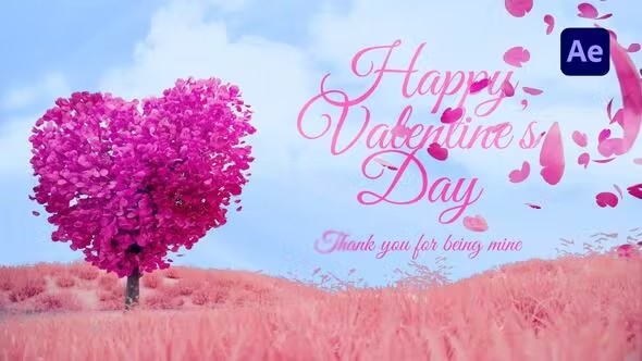 【AE模板】浪漫情人节粉红心形树花瓣飘舞开场片头动画 Valentines Tree Wishes Reveal