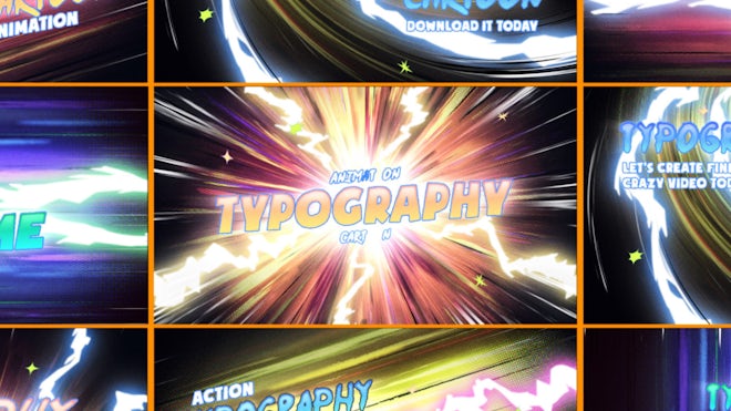 【AE模板】6种卡通动漫能量闪电背景视频排版动画 Typography Cartoon Action Slides