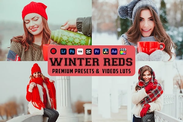 【调色预设】2款温暖明亮冬季摄影人像后期LR调色LUT预设 Winter Reds Luts Video & Presets