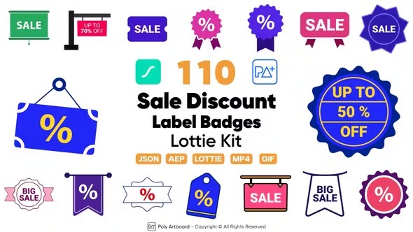 【AE模板】110组销售宣传打折促销徽章标签矢量图形动画 Sale Discount Label Lottie Badges