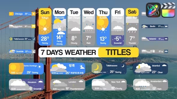 【FCPX插件】一周天气预报电视节目天气展示图形动画 7 Days Weather Titles