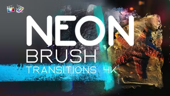 【FCPX插件】7种时尚彩色笔刷涂鸦划痕故障扰乱转场动画 Neon Brush Transitions 4K
