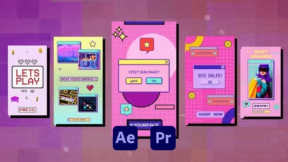 【AE/PR模板】复古8Bit像素街机游戏Windows 界面风格INS故事竖屏动画 Arcade 8bit Game Windows Interface Instagram Stories