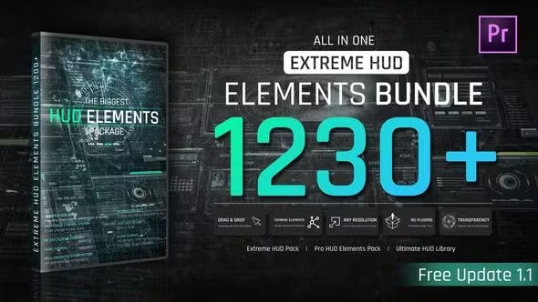 【PR模板】1200+科技感全息界面HUD线条圆圈边框动画元素 Extreme HUD Elements Bundle 1200+