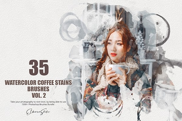 【PS笔刷】35支水彩艺术画水墨咖啡渍泼洒晕染绘画PS笔刷 35 Watercolor Coffee Stains Brushes 2