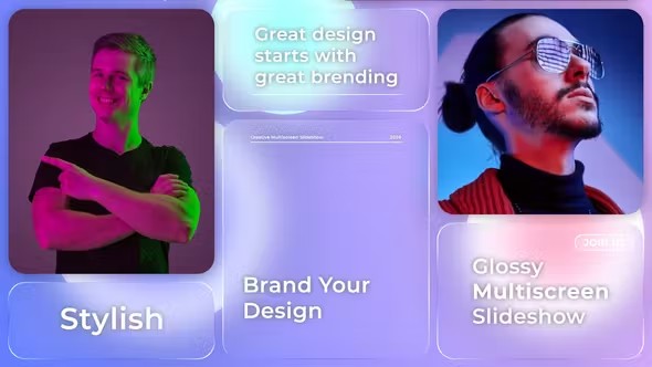 【AE模板】扁平化毛玻璃模糊背景组件动态分屏幻灯片转场特效 Glassmorphism Multiscreen Slideshow