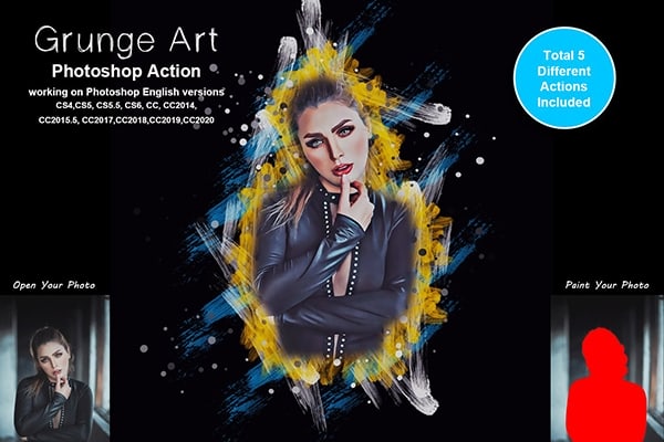 【PS动作】绘画涂鸦水彩颜料背景涂抹垃圾艺术人像照片PS动作 Grunge Art Photoshop Action