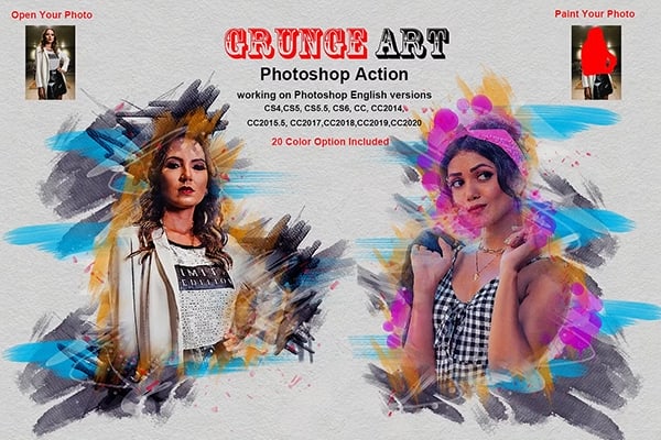 【PS动作】水彩涂鸦垃圾艺术照片绘画颜料涂抹PS动作 Grunge Art Photoshop Action