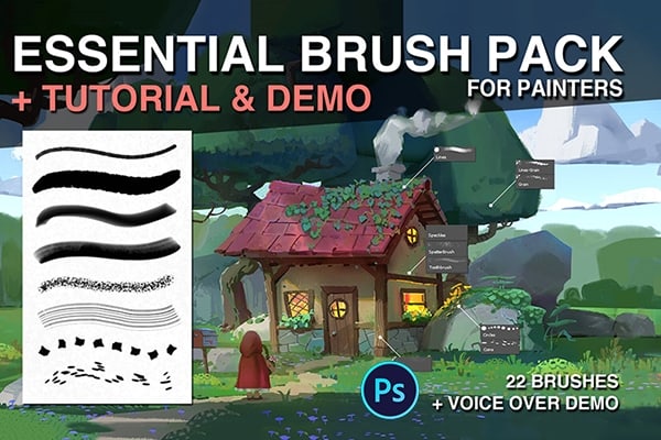 【PS笔刷】数字卡通CG插画艺术绘画少儿动画风格PS笔刷+视频教程 Artstation – Essential brush pack for painters + Demo & Tutorial