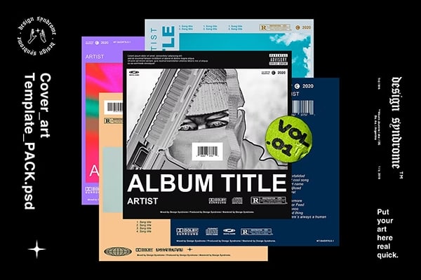 【PS样机】5款潮流时尚艺术音乐CD唱片封面包装盒产品设计PSD模板样机 Design syndrome – Cover Art Template Pack Vol.1
