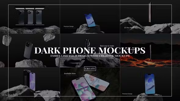 【AE模板】户外岩石深色三维手机模型界面展示宣传动画 Dark Phone Mockups