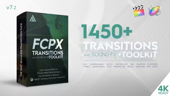 【FCPX插件】1450个冲击缩放旋转弹跳平移滑动扭曲变形抖动水墨转场特效文字标题动画+音效/4K炫光素材 Transitions and Sound FX + Bonus v7.2
