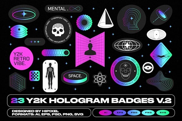 【矢量素材】23款趣味复古Y2K全息徽标Logo贴纸图标AI设计矢量素材 Y2K Hologram Badge Stickers v.2