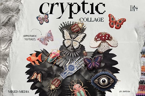 【PNG素材】110+超现实主义复古神秘图腾纺织陶瓷蜡像金属昆虫邮票花纹图案剪贴画报PNG素材 Cryptic. Mixed Media Collage