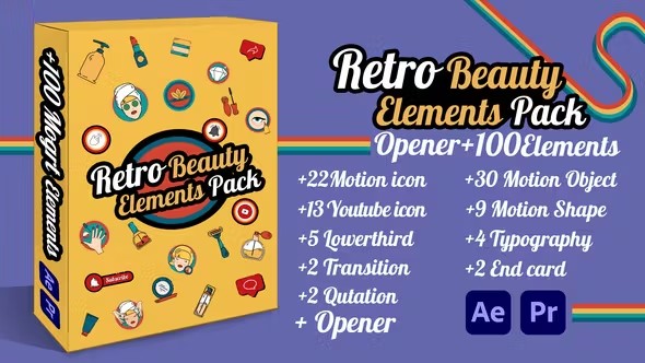 【AE/PR模板】时尚美妆博主社交媒体视频栏目图形包装动画预设 Retro Beauty Elements Pack