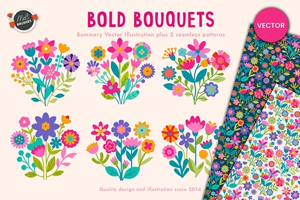 【矢量素材】夏日鲜艳花卉花束插图绘画及无缝纹理图案矢量素材 Bold Bouquets