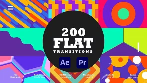 【AE/PR模板】200组扁平化彩色MG图形运动转场动画 Flat Transitions Pack
